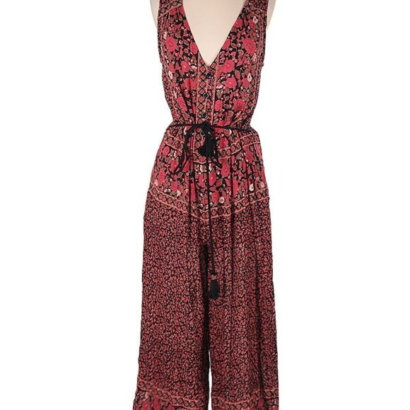 Free People Sleeveless Tie Waist Red, Pink and Black Floral Jumpsuit - Picture 2 of 14